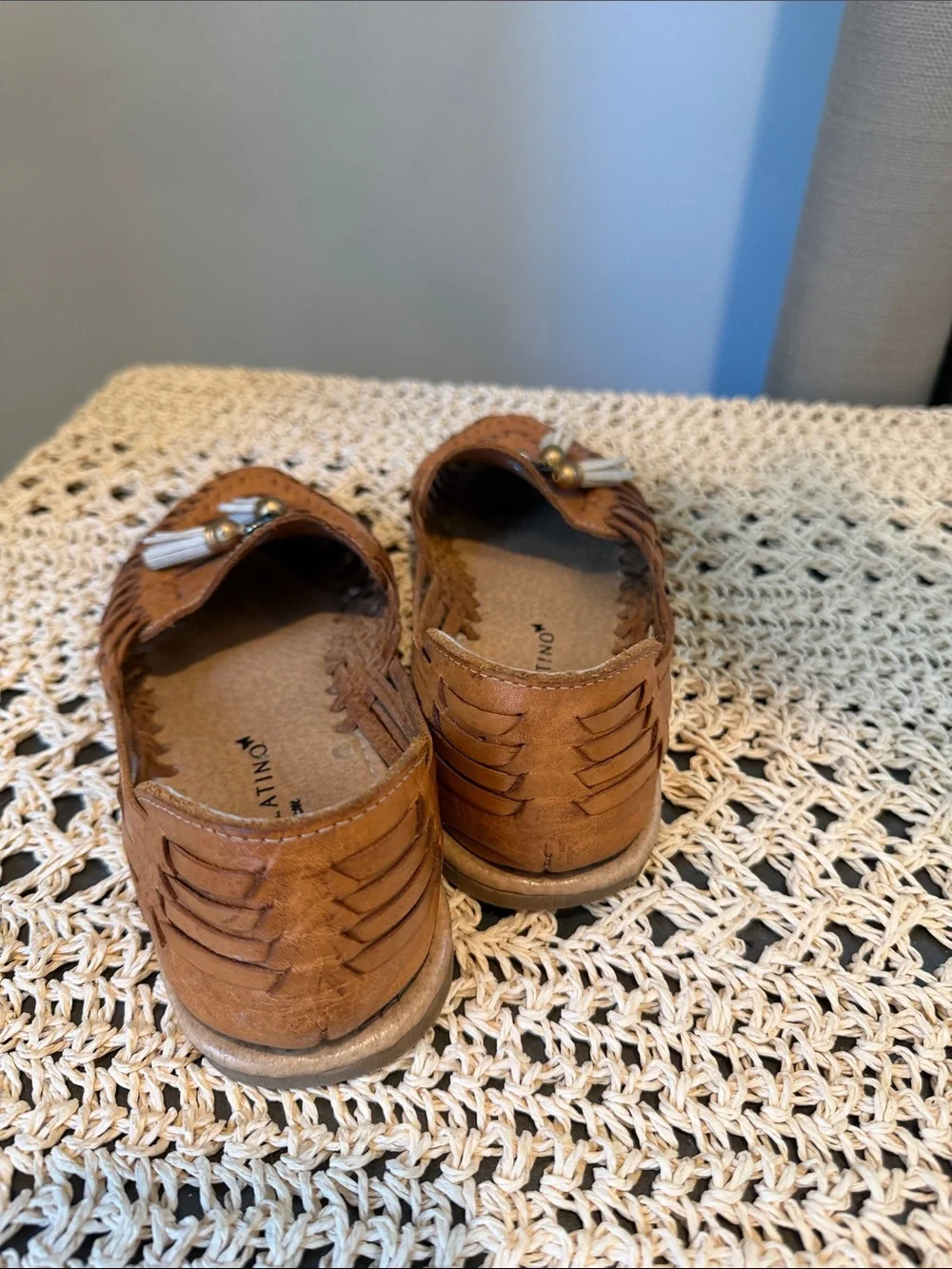 Tan Woven Leather Slip-On Loafers with Tassel Detail